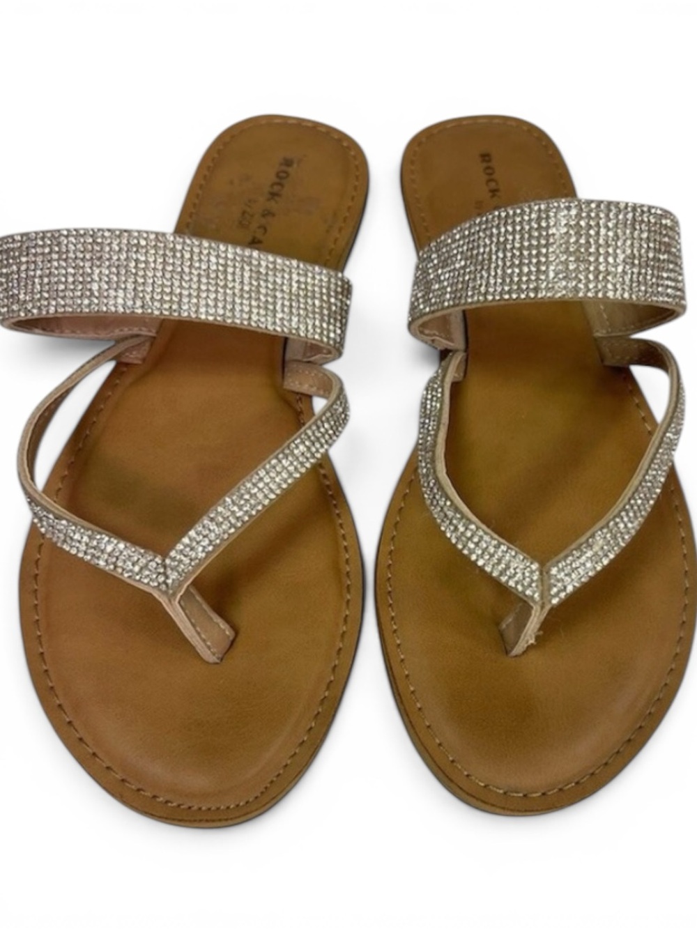 Rock & Candy by Zigi Slide Sandals Womens 7.5 Beige/Tan Rhinestone Thong Flat